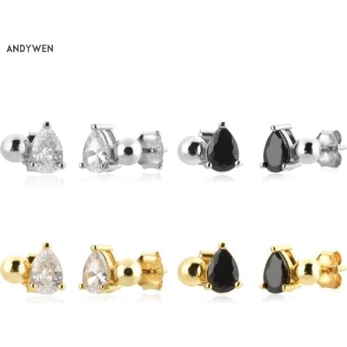 ANDYWEN 925 Sterling Silver Gold Beads Ovals Stud Earring Women Piercing Clips Luxury Jewelry Pendientes Party Rock Punk Jewels