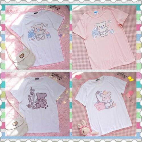 Japanese Soft Girl Cute Baby Bottle Bear Short Sleeve T shirt Tee Student Harajuku Loose Kawaii Ulzzang Cotton T-shirt Tops