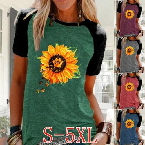Womens Summer Fashion Daisy Printed Casual Shirt Plus Size Short Sleeve T-shirt Ladies Round Neck Raglan Shirts Plus Size Blous