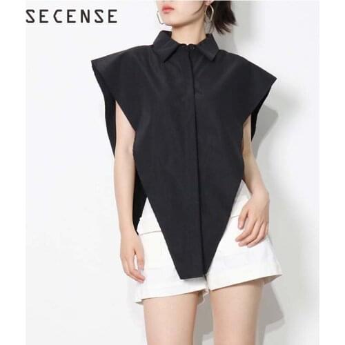 Women Casual Clothing Minimalist Black Shirt Sleeveless Lapel Turndown Collar Blouse Female Fashion Single-Breasted 2021 SECENSE