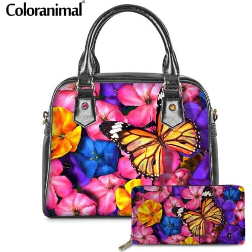 Coloranimal Brand Design Colorful Flower and Butterfly Print Handbag for Women Tote Shoulder Crossbody Bags Leather Handle Bags