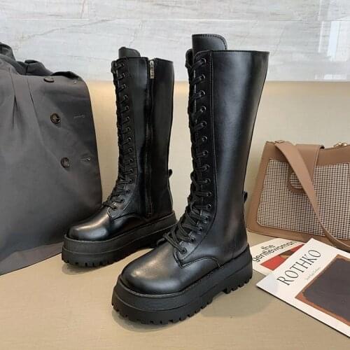 Women Combat Boots Antumn 2021 Female High Platform Gothic Shoes Black Leather Boots Lace Up Women Knee High Boots Fashion