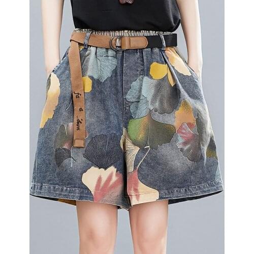 High Waist Vintage Ripped Denim Shorts Women Summer Plus Size Casual Loose Floral Print Cotton Jeans Femme Wide Leg Short Pants