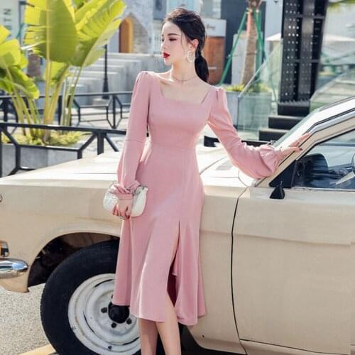 French Office Lady Square Neck Slit Bodycon Dress Fall 2021 New Women Lantern Sleeve Temperament High Waist Slim Sheath Dress