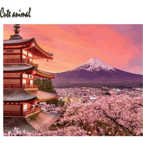 5D DIY Diamond Painting Diamond Embroidery Cherry Blossom Mountain Fuji House Full Square Round Drill Cross Stitch Decoration