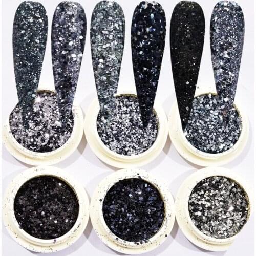 6Jars Flashing Crystal Sequins,Mixed Glitter Aurora Chameleon Powder,balck &grey&silver Christmas Sequins For Nail