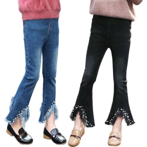 Boutique Tassel Jeans for Girl Autumn Winter Children Fashion Beading Bell Bottoms Trousers Kids Clothes Street Party Denim Pant