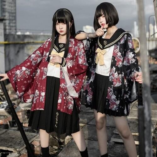 Harajuku Style Kimono Cardigan Japanese Style Fashion Oiran Cat Printing Loose Sleeve Thin Tops New Ladies Cool Streetwear 2021