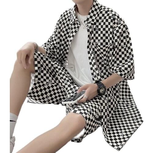 Summer plaid shorts plaid short-sleeved shirt casual suit beach pants for boys and teens 2 pieces