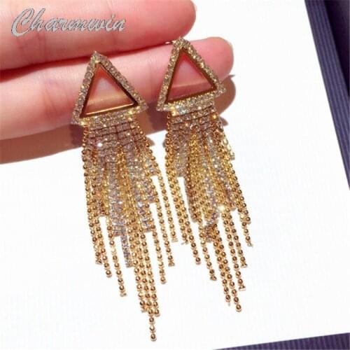 New Fashion Long Tassel Earrings For Women Earrings Rhinestone Triangle Fringe Dangle Earrings Female Jewelry