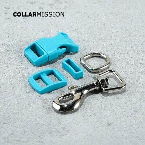 Plastic buckle+Tri-Glid+square keeper+D ring+metal dog clasp/set)4.5 sets of high quality lake blue 15mm DIY dog collar parts