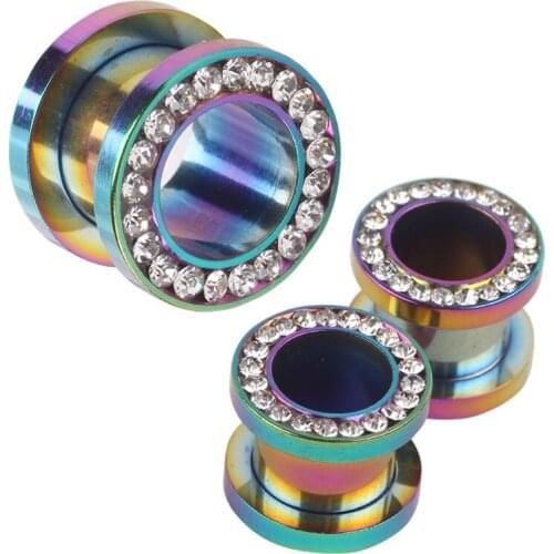 Rainbow Crystal 6 sizes 3-10mm Fashion Screw Tunnel Ear Plug Clear Gem Flesh Tunnel Fit Gauges Piercing Body Plugs