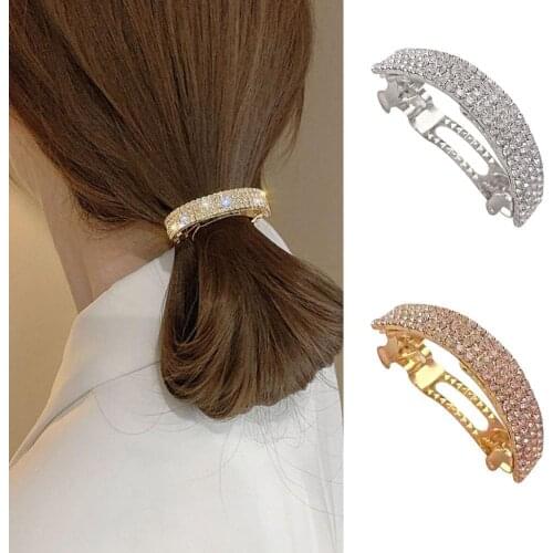 Korean Luxury Golden Silver Alloy Shiny Rhinestone Hair Clips Women Ponytail Holder Hair Accessories Half Moon Crystal Barrette