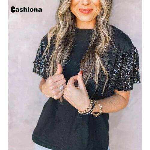 Cashiona Plus Size Ladies Elegant New Patchwork Sequined T-shirt Womens Top Latest 2021 Summer Casual Tees Clothing Femme 3XL