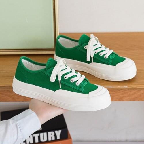 Autumn 2021 New Black Low Top Canvas Shoes Womens Big Toe Shoes Thick Soled Girls Versatile Sneakers Solid Color Jungle Green