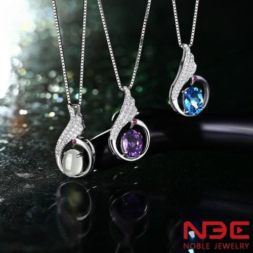 NBE 925 sterling silver natural blue Topaz Amethyst Prehnite crystal necklace for women birthstone peacock bird feather pendants