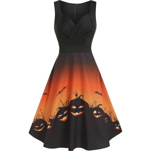 Wipalo Gothic Streetwear Black Dress Halloween Pumpkin Print Sweetheart Neck Sleeveless A Line Dress Women Vintage Party Dresses