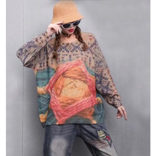 Winter Sweater Vintage Printing Oversized Imitated Mink Wool Retro Female Warm All-match Loose Casual Streetwear Women Clothes