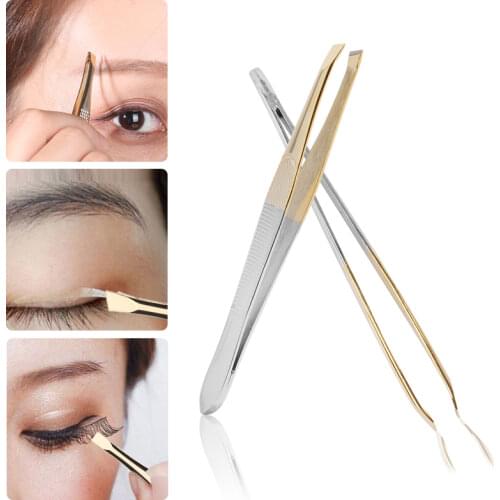 1PCS Eyebrow Tweezers Makeup Eyelash Extension Clip Stainless Steel Facial Hair Removal Tweezer Flat Slant Tip Beauty Tools