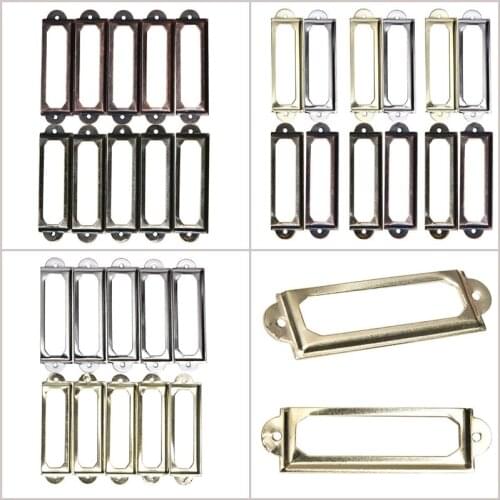 10 Pcs Antique Brass Metal Label Pull Frame Handle File Name Card Holder For Furniture Cabinet Drawer Box Case Bin 60x17mm