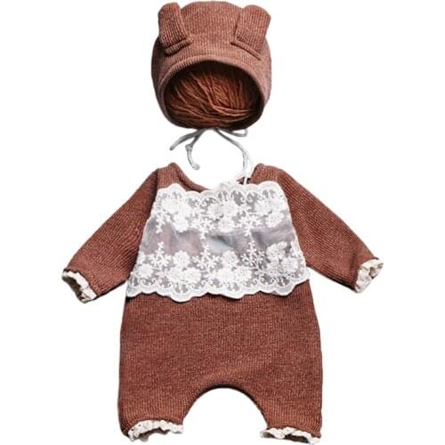 2 Pcs Newborn Photography Props Cute Ear Cap Romper Jumpsuit Kit Infants Photo Shooting Clothing Outfits Baby Hat Bodysuit Set