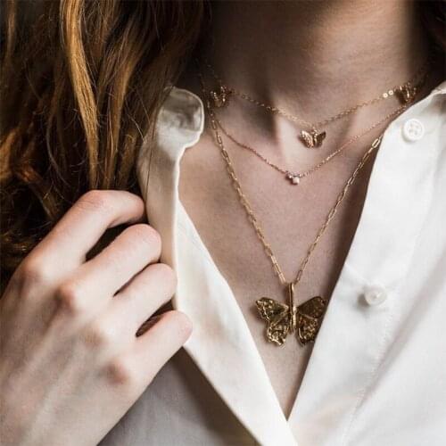 3 Pcs/Set Fashion Necklaces Set Women Elegant Crystal Beads Butterfly Pendant Multilayer Necklace Lady Party Clavicle Chain