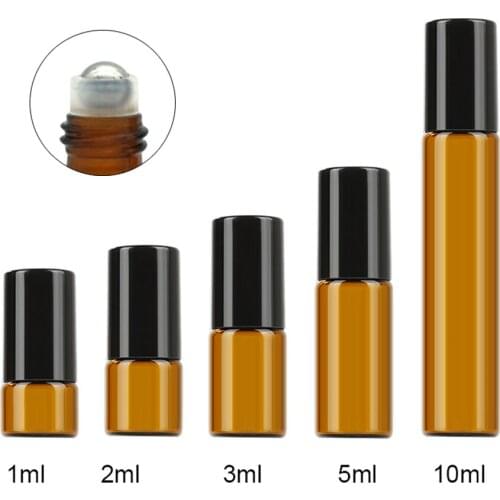 5Pc 1-10ml Amber Glass Roll On Bottle Empty Vials with Stainless Steel Metal Roller Ball for Essential Oils Perfume Aromatherapy
