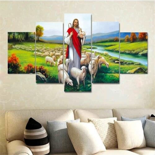 5 Pieces of Jesus and the Flock on Canvas Printed Art Modern Wall Art HD Poster Living Room Corridor Home Decoration Frameless