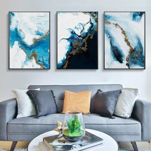 Abstract Spalsh Blue Golden Canvas Painting Color Poster and Print Unique Nordic Decor Wall Art Pictures for Living Room Bedroom