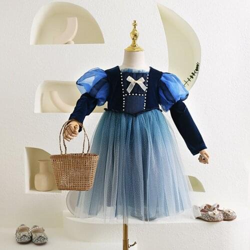 Girls puff sleeve pearl bow party tutu dresses children dress wholesale