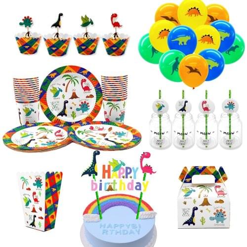 For Kids Birthday Dinosaur Theme Party Supplies Disposable Tableware Plate Cup Straw Candy Box Hat Invitations Balloon etc