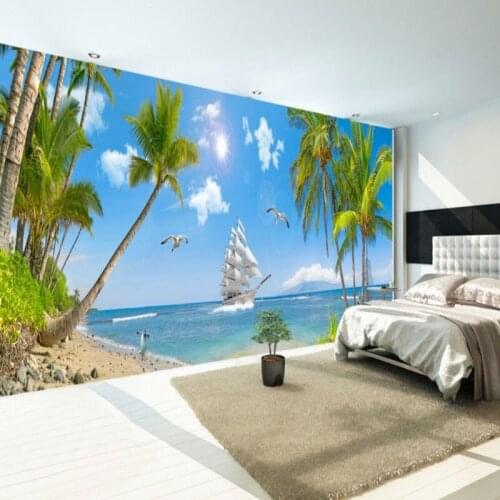Dropship Colomac Photo Wallpaper Huge Seascape Coconut Tree Sailboat Blue Wallpaper Photo Wall Mural Living Room Decoracao Casa