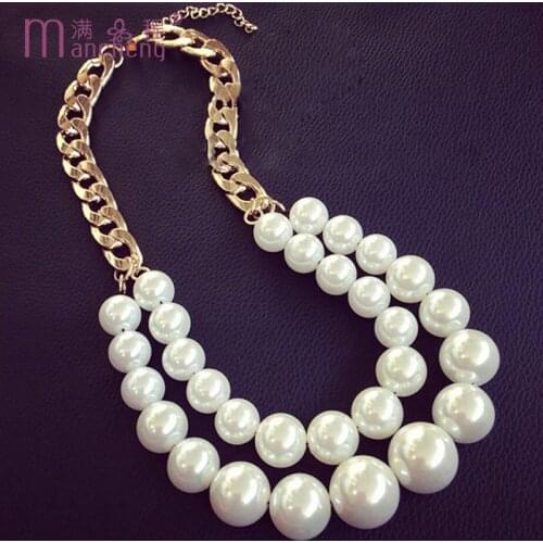 Hyperbole charm pearl Chains Necklaces women 2 layer Rough chain Imitation pearl necklaces Temperament pearl Short necklace