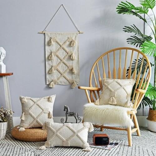 Boho Nordic Style Cotton Tassels Cushion Cover Tufted Geometric Throw Pillow Case Handmade Home Sofa Living Room Decor MT23