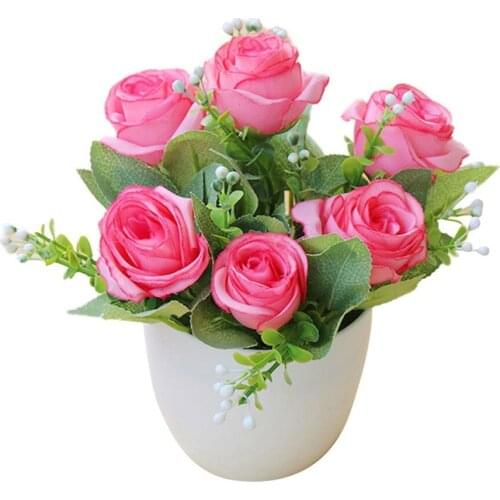 Artificial Bonsai Fake Rose Flower Plant With Pot Silk Floral Ornaments Home Garden Party Table Decoration Photography Props