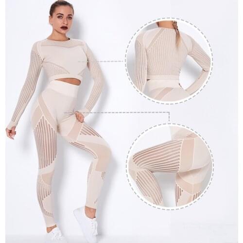 Hollow Out Seamless Yoga Set Sport Outfits Women Crop Top High Waist Leggings Workout Gym suit Fitness Sport Sets With Mesh