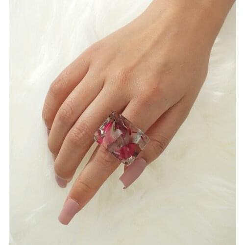 Fashion Exaggerated New Acrylic Dried Rose Flower Glue Rings for Women Men Jewelry