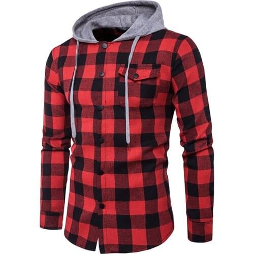 Mens Business Spring and Autumn Plaid Casual Hooded Long Sleeve Shirt Fashion Pocket Decoration Mens Hoodies Button Up Shirt