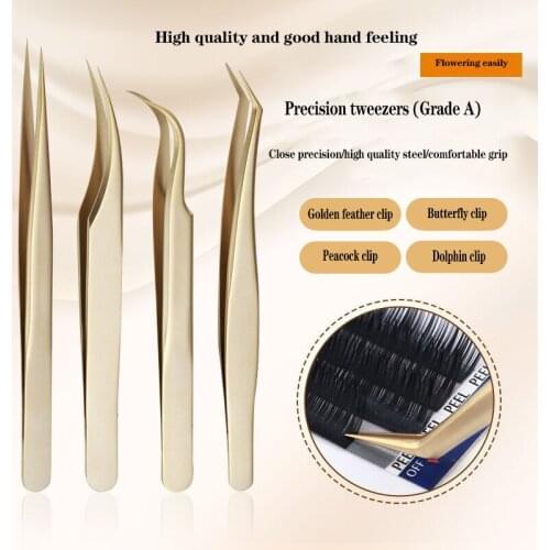 Grafting Eyelash Tweezers High-precision Flowering Planting False Eyelashes Stainless Steel Dolphin Clip Gold Feather Clip