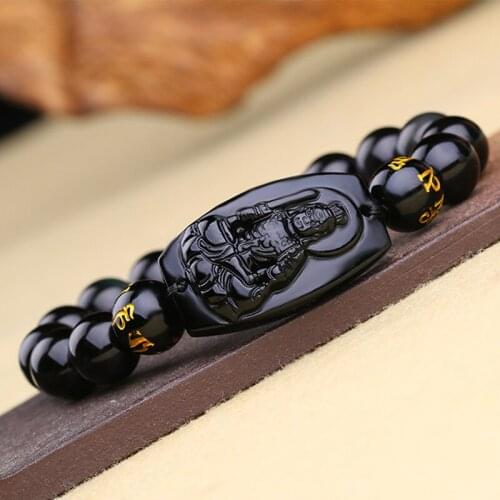 Natural Obsidian carving Eight Patron saint Lucky Amulet 10mm 14mm round Bead Bracelet For Women Men Bracelet