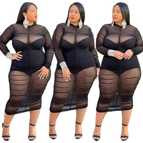 Sexy Nightclub Wear Women Plus Size Mesh Dress Autumn Newest Ladys See-through O-neck Long Sleeve Shirring Knee-Length Dresses