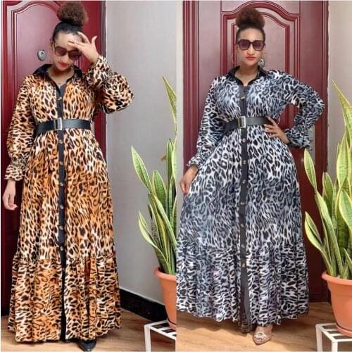 Chiffon Single-breasted Shirt Long Dress Elegant Women Fashion Leopard Print Full Sleeve Loose Big Swing Maxi Club Party Dress