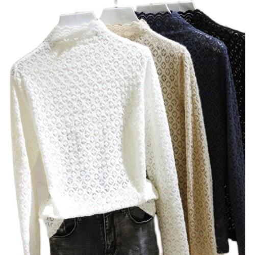 Thick Double-sided Flocking Hollow Lace Turtleneck Basic Shirts Autumn Winter Thermal Quality Tops T-shirt Womens Clothing
