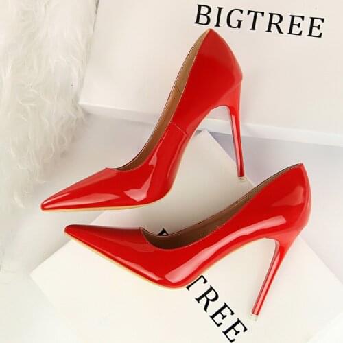 BIGTREE Patent Leather Fashion Women Pumps High Heels Shallow Ladies Office Shoes Pointed Toe Concise Womens Red Wedding Shoes