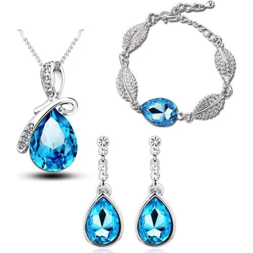 Austrian Crystal jewelry drops Acacia leaves pendant wedding jewelry sets (fashion necklace + chandelier earrings + bracelets )
