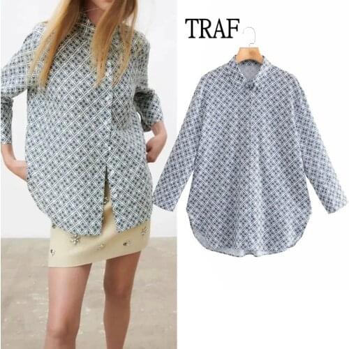 TRAF Za Womens Shirts 2021 Autumn Print Long Sleeve Top Women Vintage Loose Bloues Woman Clothing Button Chic Tops Shirts