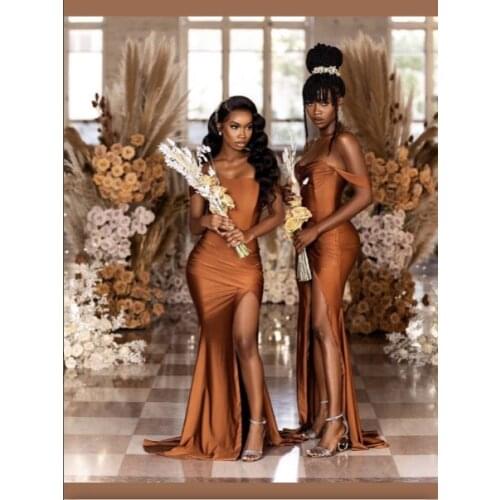 African Bridesmaid Dresses 2021 Mermaid Off-The- Shoulder Split Satin Bridesmaid Dress Plus Size for Women Wedding