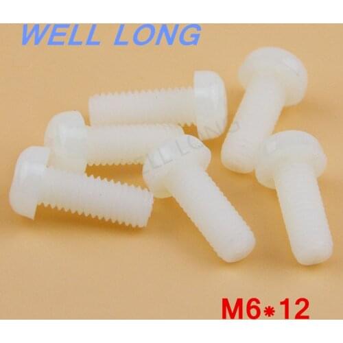 100pcs/lot M6*12mm White Round head cross nylon screws, pan head plastic screws, plastic bolts