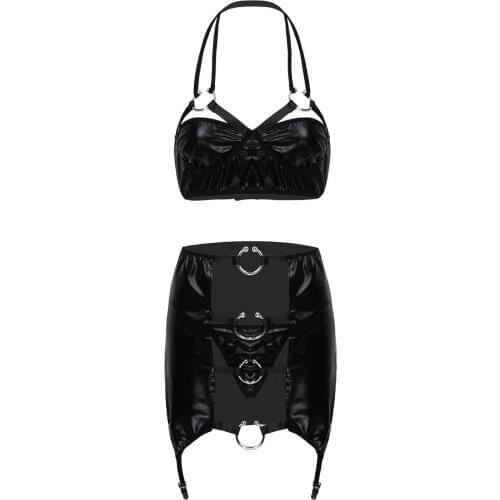 2Pcs Women Fashion Wet Look Patent Leather Lingerie Set Halter Neck Deep V Underwired Bra Top with High Waist Garter Panties