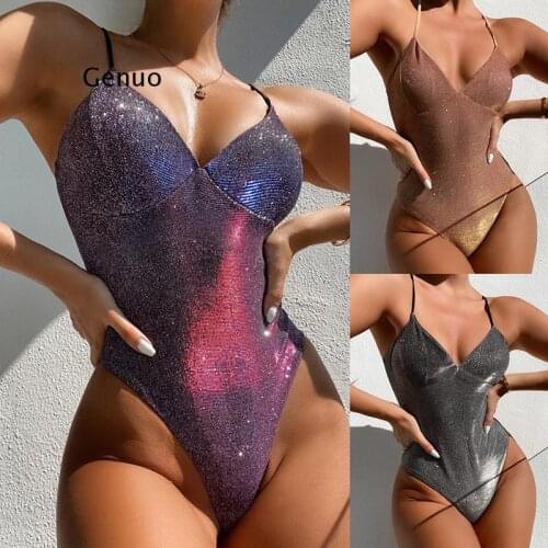 2021 Shiny One Piece Swimsuit Women Sexy Swimwear V Neck Swimming Suit Female Bodysuit Beach Bathing Suit Swim Bikini